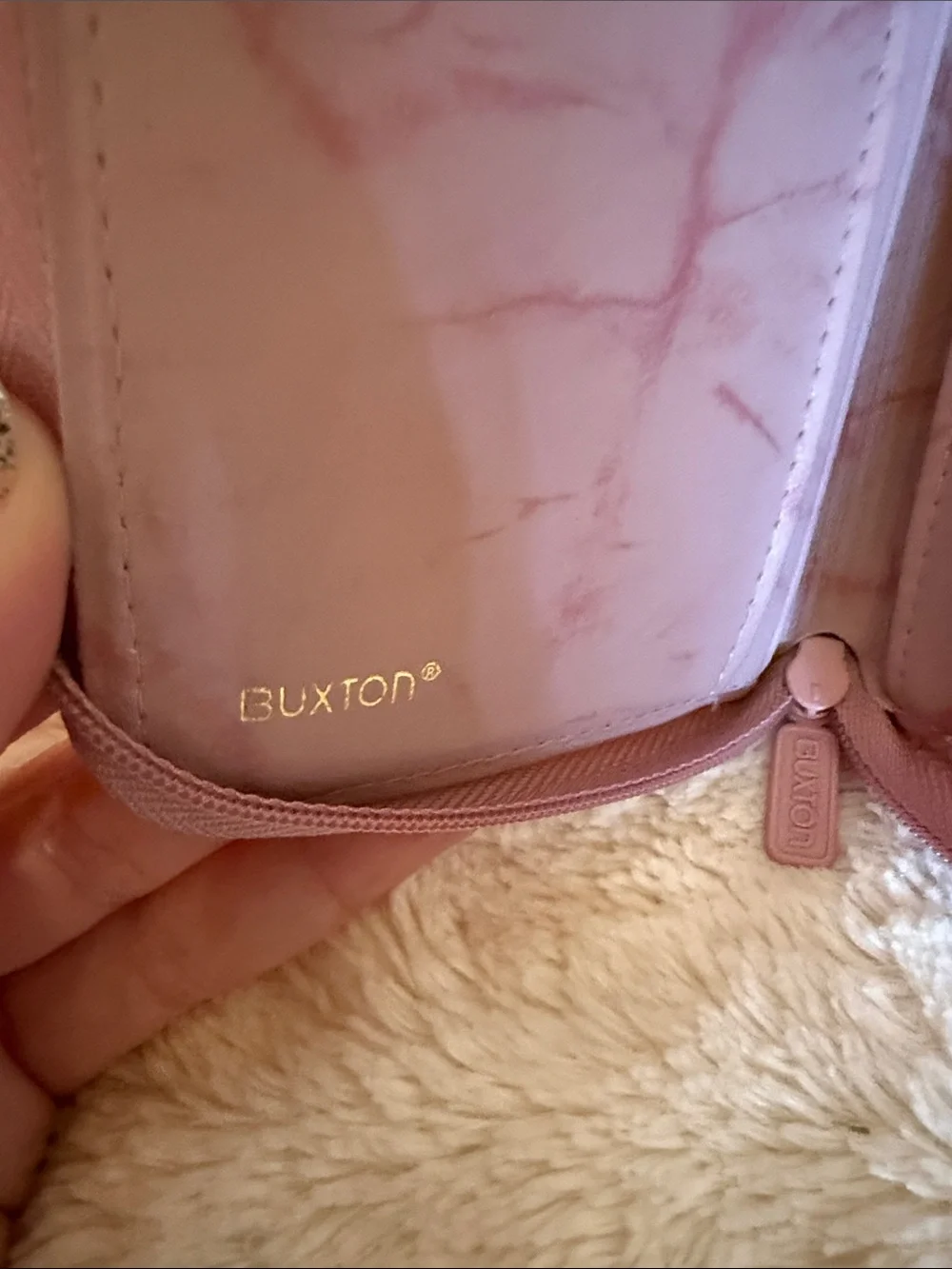 Buxton Pink Top Grain Cowhide Leather Double Zip Around Wallet Marbled Interior